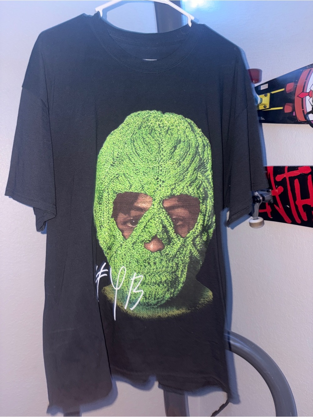 Men's Black Graphic Tee with Green Knit Mask Print